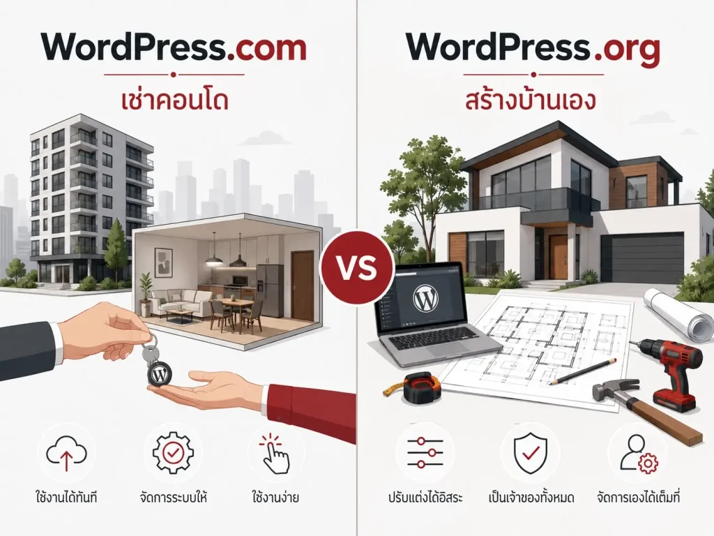 เปรียบเทียบ WordPress.com เหมือนเช่าคอนโด กับ WordPress.org เหมือนซื้อที่ดินสร้างบ้านเอง